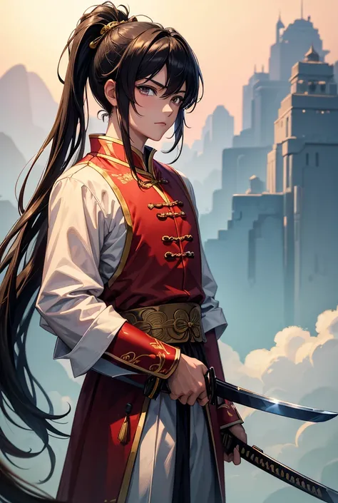 ((best quality)), ((masterpiece)), (detailed) Anime boy, 20 years old, calm, gentle, traditional Chinese outfit, long hair, pony tail chinese style, holding sword