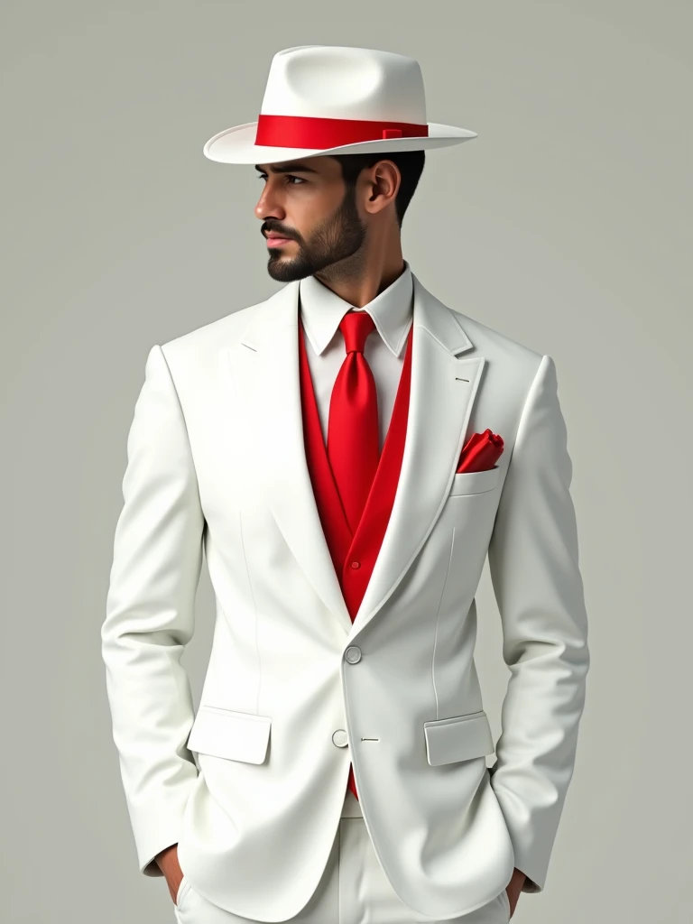 Put on a white suit with a red tie .  and also a white hat with a red band.