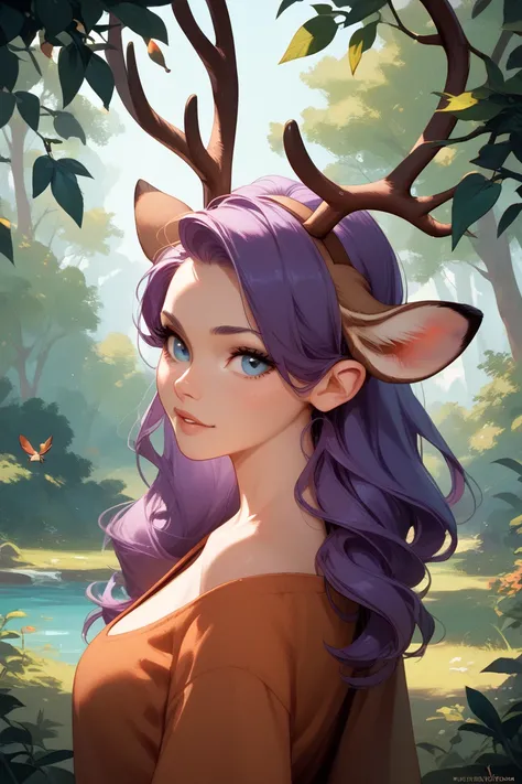  One girl ,  long hair,  blue eyes, Purple Hair, Deer ears,  deer antler, in the woods