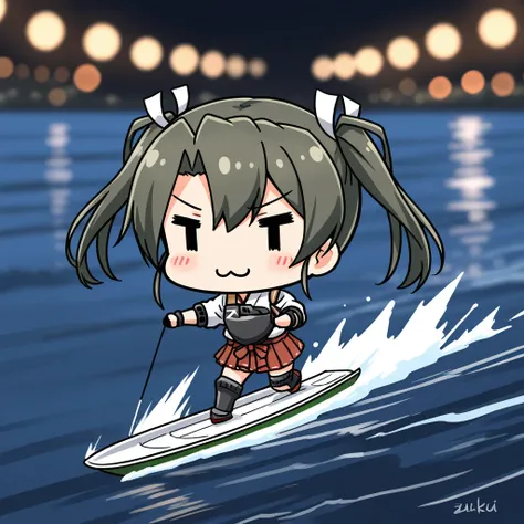 1girl, zuikaku (kancolle), :3, =_=, chibi, zuikaku (kancolle) (cosplay), serafuku, full body, waterskiing (meme), cinematic lighting, bokeh, masterpiece, best quality, perfect anatomy, very aesthetic, amazing quality, high resolution, ultra-detailed, absur...