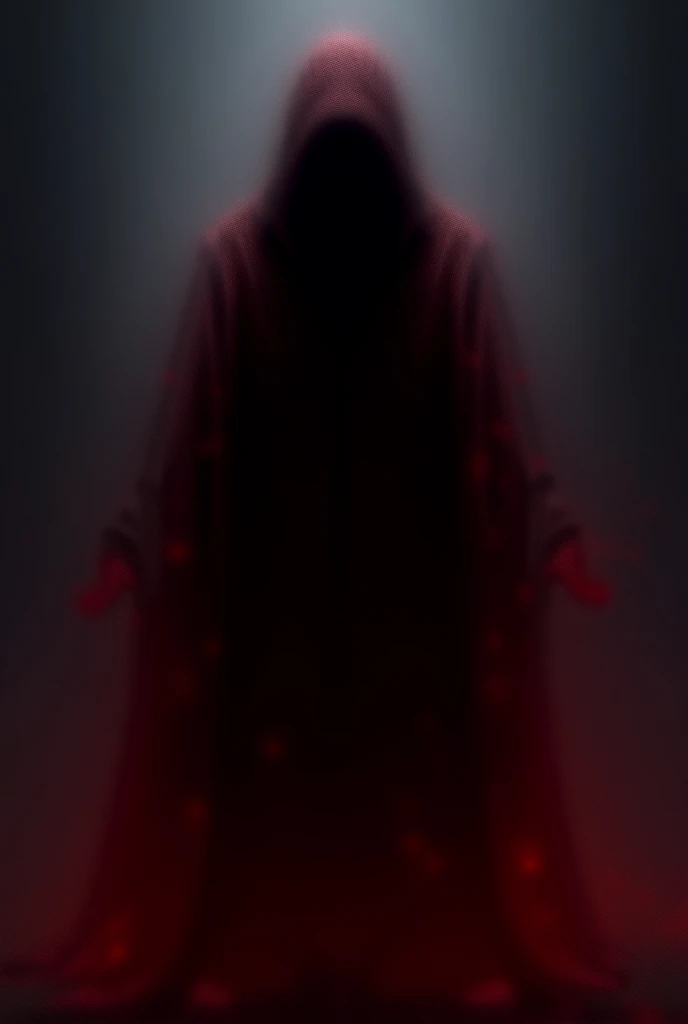 A hooded blood mage, with dark robes and glowing blood crystal lining