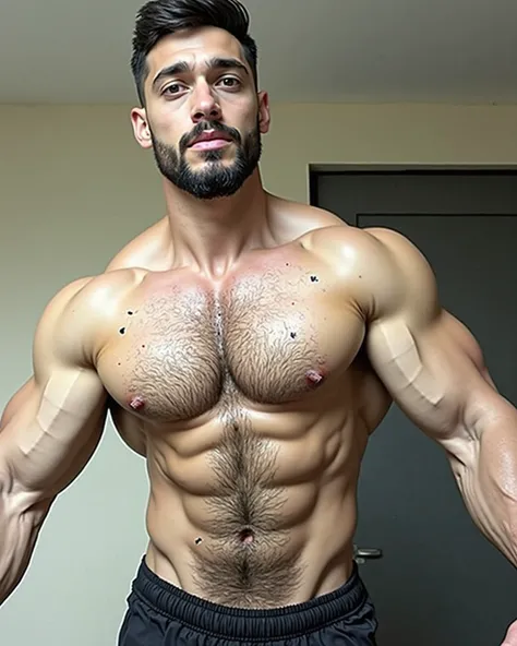 A close up of a 25-year-old handsome and manly man with a beard and shirtless, crushed,  muscular build , scratched, big muscles, hirstute and muscular, very beautiful. big muscles,  super strong and cool, hombres musculars, muscular,  bulging muscles , Ba...