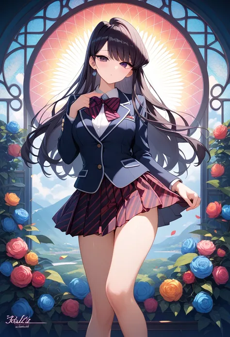 masterpiece, best quality, extremely detailed CG unity 8k wallpaper, a shy and beautiful girl with long black hair, large, expressive eyes, wearing a highly detailed Shouko Komi cosplay costume, her school uniform, in her room with a window view, vibrant c...