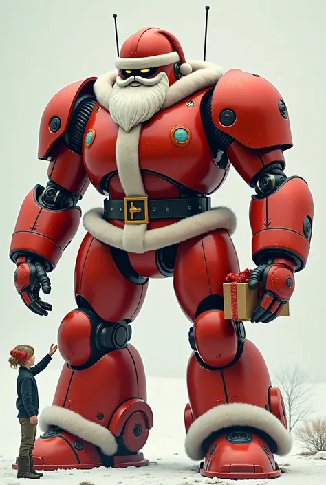 A giant robot with a futuristic, thick armored design modeled after Santa Claus is handing out presents to a .
Its head is shaped like a red helmet and wears a Santa hat.
The body is based on red Santa clothing, with an overall red and white color scheme, ...