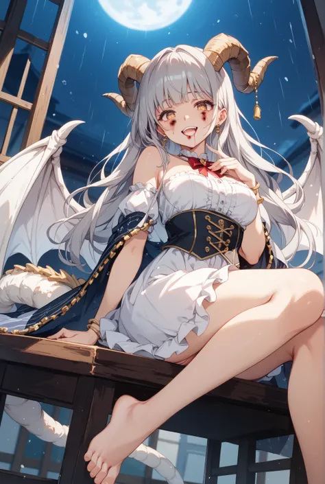 Female skeleton 、  Gray long hair 、 golden eyes、 bears a pair of long white dragon horns on its head、Long tail bone 、 A Pair of Huge Bone Wings 、Tall and thin、 small tits、 wears white dress with mauve lace cape、barefoot、Bleeding Tears 、Crazy Laughter 、Yand...