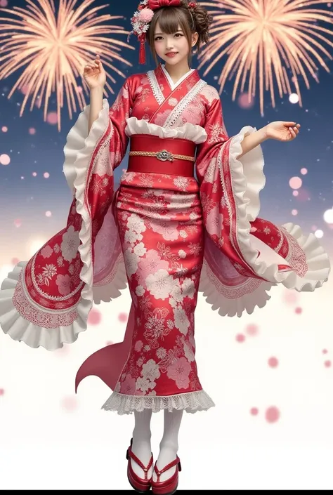  beautiful Japanese woman wearing a traditional kimono, ( kimono winter flower print lace ruffle fashion :1.3), ( knee socks), ( dynamic pose), ( standing), (smile), (background winter fireworks :1.3)、 Celebrating the New Year.  illustration must capture t...