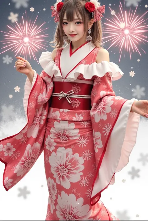  beautiful Japanese woman wearing a traditional kimono, ( kimono winter flower print lace ruffle fashion :1.3), ( knee socks), ( dynamic pose), ( standing), (smile), (background winter fireworks :1.3)、 Celebrating the New Year.  illustration must capture t...