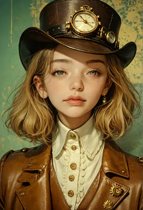 score_9, score_8_up, score_7_up, score_6_up, photo, realism, photorealistic, Industrial steampunk mechanic girl, perfectly detailed face, (hat:0.8), goggles, steampunk beige leather double breasted jacket, beige tweed fabric pleated skirt, (leather laced b...