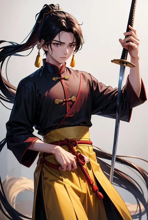 ((best quality)), ((masterpiece)), (detailed) Anime boy, 20 years old, calm, gentle, traditional Chinese outfit, long hair, pony tail chinese style, holding sword