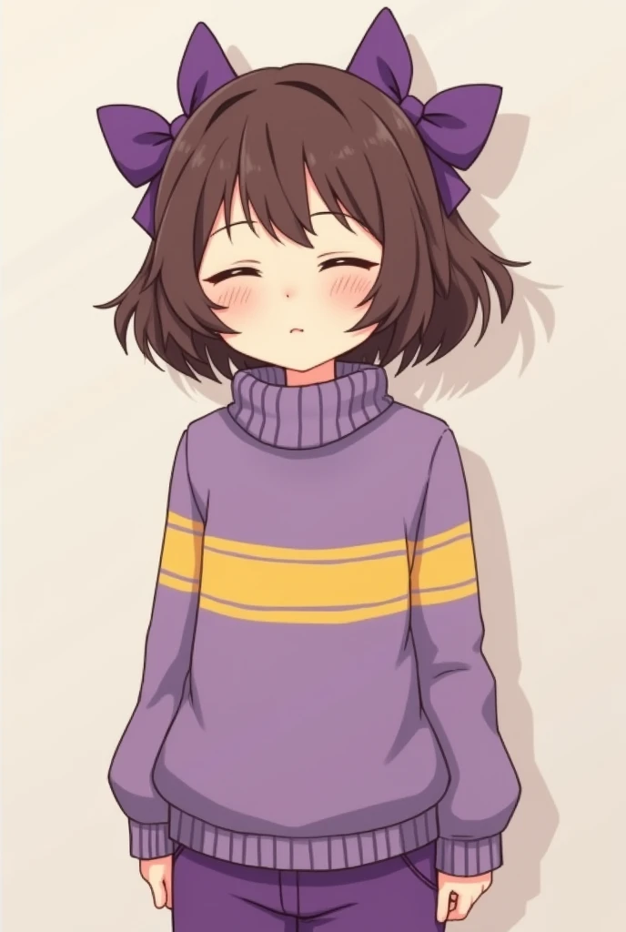 Anime girl with short brown hair and eyes closed and purple turtleneck sweater with two yellow stripes and two purple hair bows and purple pants