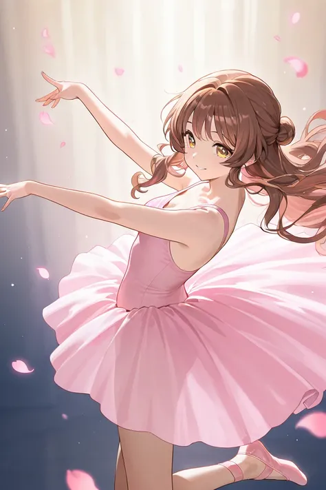 A woman that is a ballerina. She has really long wavy brown haired with shinny golden eyes holding pastel pink ballet slippers. There is sakura petals flowing and stars surrounding her. She is brave and smiling.