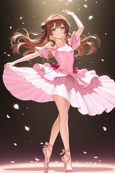 A woman that is a ballerina. She has really long wavy brown haired with shinny golden eyes holding pastel pink ballet slippers. There is sakura petals flowing and stars surrounding her. She is brave and smiling.