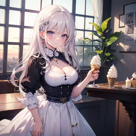 (Alone:1.5), 
(masterpiece:1.5,  top quality :1.5), ((Vaporwave Style, Partial coloring )), close-up, the above, 
 cinematic angles , (((vanilla))),  cute smile, (hold a banila ice cream), 
Jewelry decoration, length_hair,  at an ice cream shop,  doll was ...