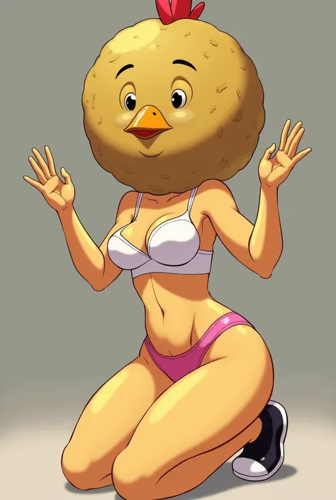 anime, Toy Chica from Five Nights at Freddys, kneeling,  costume with a large rock to replace her head,  the hands make a question gesture,  long legs ,  big thighs ,  thin waist , Its not scary ,  anime style , Pink panties, WHITE bra, white toe black sho...