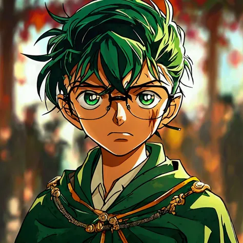  A 15-year-old boy who looks similar to Detective Conan, with glasses. He has a pale complexion , which contrasts with the intense green of her hair. A barely visible scar runs across his right cheek., a reminder of a previous encounter with danger.  Her e...