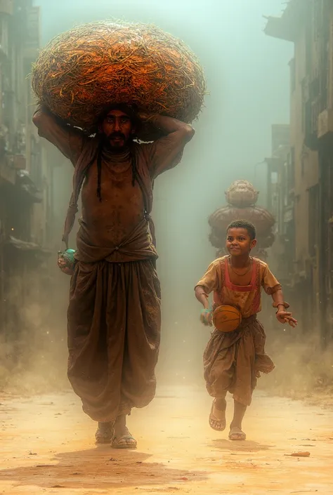  labour boy conduct weight on his head and a boy playing ball 🏀 in a picture 