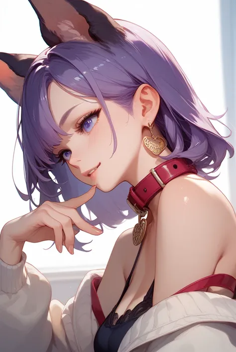  1 girl, Purple Hair,  dog ear, Connected to a lead.Has a collar