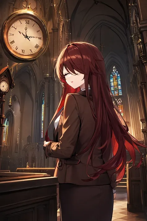 My eyes turn red 　Final Boss　Feelings of despair　 Dark Room　Stand Glass 　Eyes glow red　Brown Hair　 long hair　 conceals one eye　 brown jacket　monster　church　Big old clock in the back　night