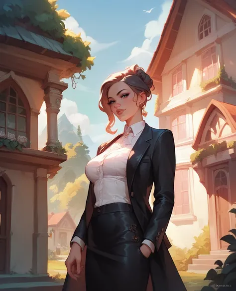  A beautiful woman just like the one in reference ,  dressed in a two-piece black suit a black coat, white corcet and black skirt ,  standing in front of a large house 