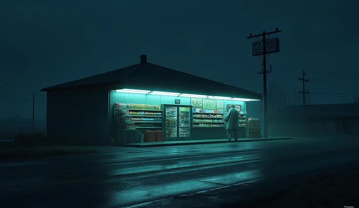  A lonely convenience store on a deserted road ,  dimly illuminated by fluorescent lights .  The shelves are full ,  and an eerie shadow crosses the back of the warehouse.  The atmosphere is dark and cold , with an air of mystery and imminent danger .
