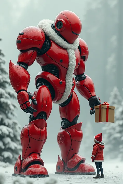 A giant robot wearing futuristic armor designed to resemble Santa Claus is handing out presents to a .
Its head is shaped like a red helmet and wears a Santa hat.
The body is based on red Santa clothing, with an overall red and white color scheme, rounded ...