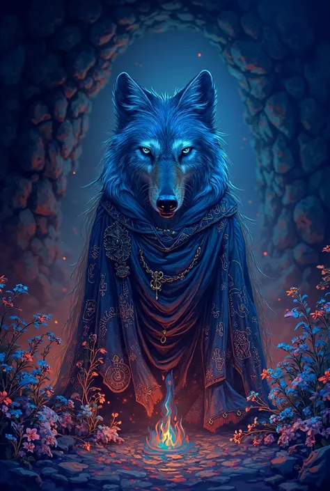 Pixel art, a formidable , But captivating forest wolf  (warrior)  sitting on a rock in front of a fire near the entrance to a mystical cave, wearing a (cloak)  intricately designed ,  decorated with whimsical magic lines of different colors , vivid blue ey...