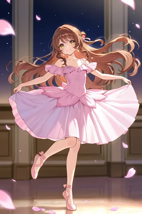 A woman that is a ballerina. She has really long wavy brown haired down with shinny golden eyes holding pastel pink ballet slippers. There is sakura petals flowing and stars surrounding her. She is brave and smiling.