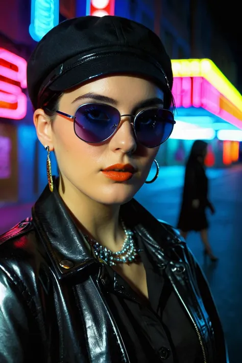 plano cercano del rostro, Alternative girl,  looking over black sunglasses, jacket, collar,  reflections of neon light on the skin, earring, make-up,  skin imperfections ,  short hair, cap, neon light background , low light,  Depth of field,  art,  high co...