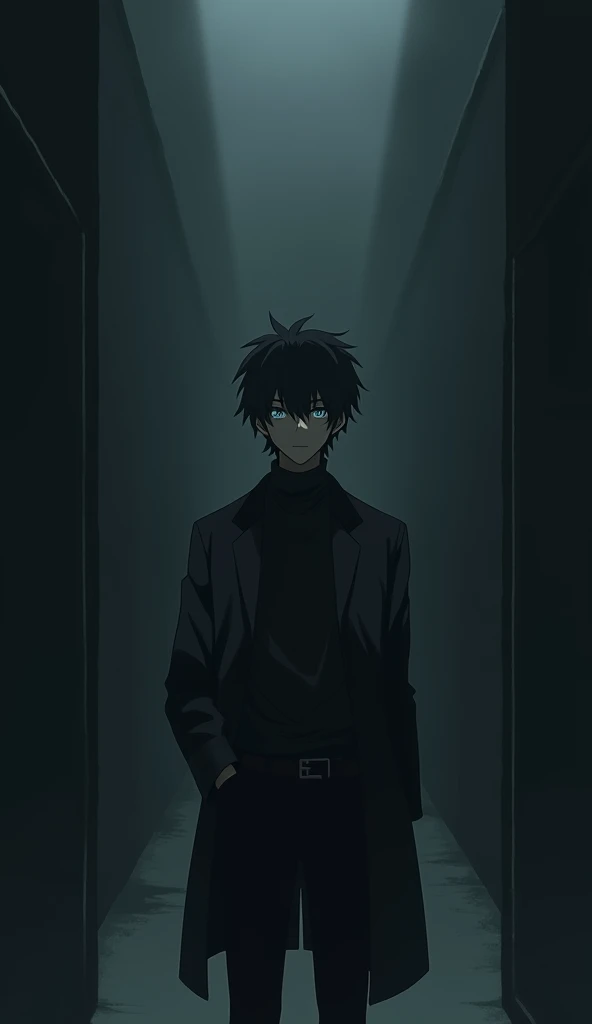 A male anime  standing in a dimly lit room, with sadness, dark colours, minimalism, high quality