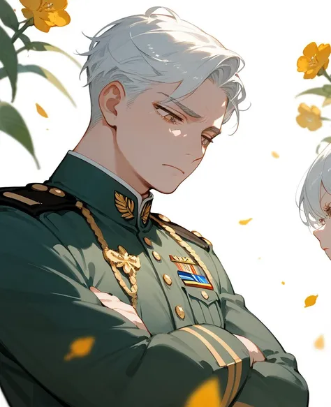 masterpiece, best quality, ultra detailed, a boy, tired, arms crossed, looking down, white hair, golden eyes, military uniform, white background, flat background, with a flower, beautiful, anime