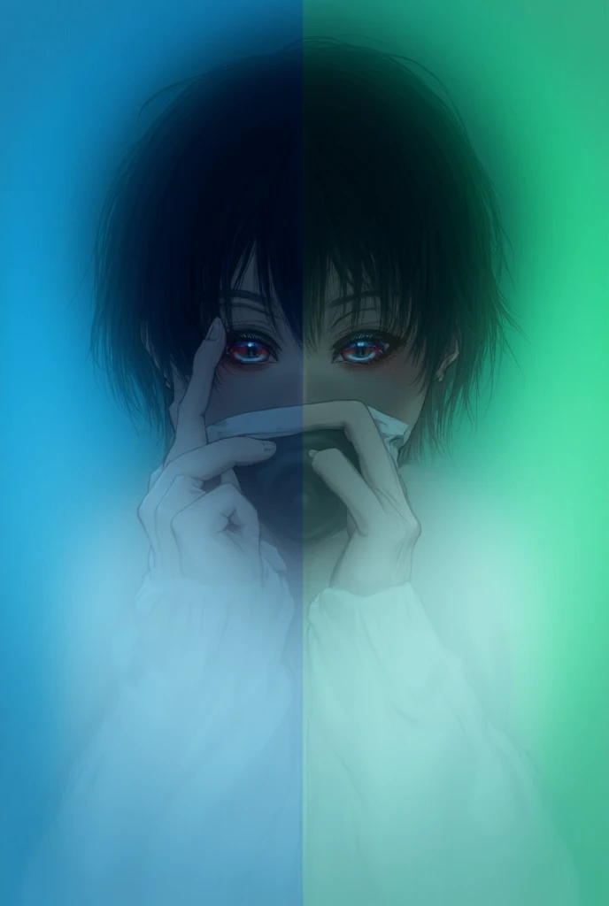 Create an anime character design of a young boy wearing a white sweater and a black mask, with mid-length hair. One of his hands is resting on his head, while the other hand is holding his mask slightly away from his face, revealing his serious yet mysteri...