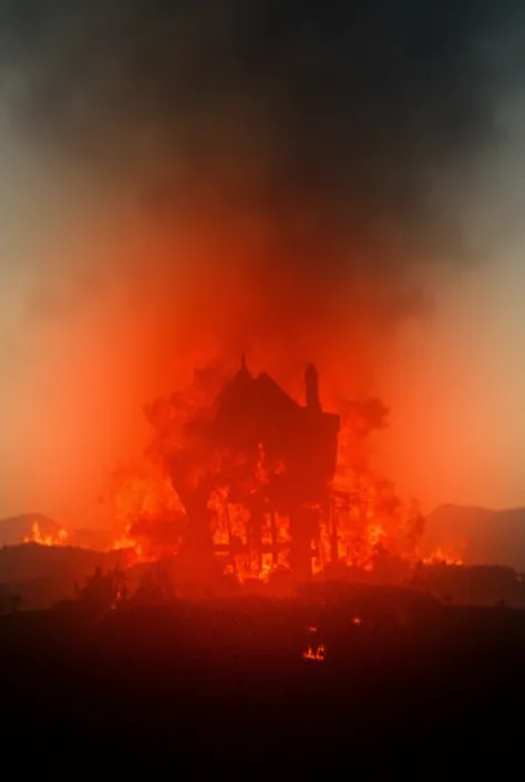 Une maison en feu au loin avec des gens dedant qui cri 