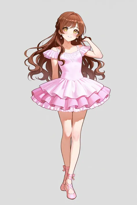 A woman that is a ballerina. She has really long wavy brown haired with shinny golden eyes holding pastel pink ballet slippers. There are little fairies flying and stars surrounding her. She is brave and smiling.