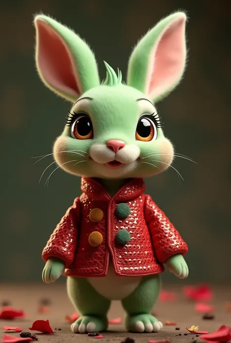 front view, Baby monk cuddly man on top of a majestic green rabbit, super saturation color , 3 D resolution , 8K,  beautiful round and reflective eyes ,  sequin clothes in passion red and coffee
Very vivid