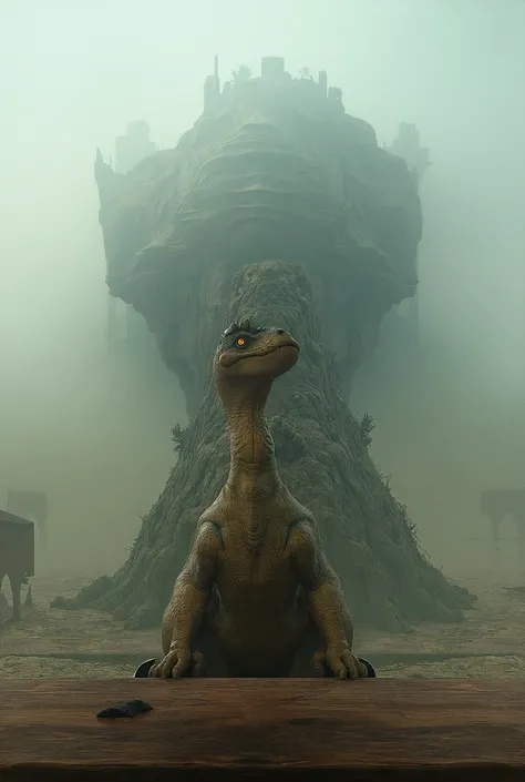 an intellectual dinosaur sitting on a table while there are giant houses behind it 