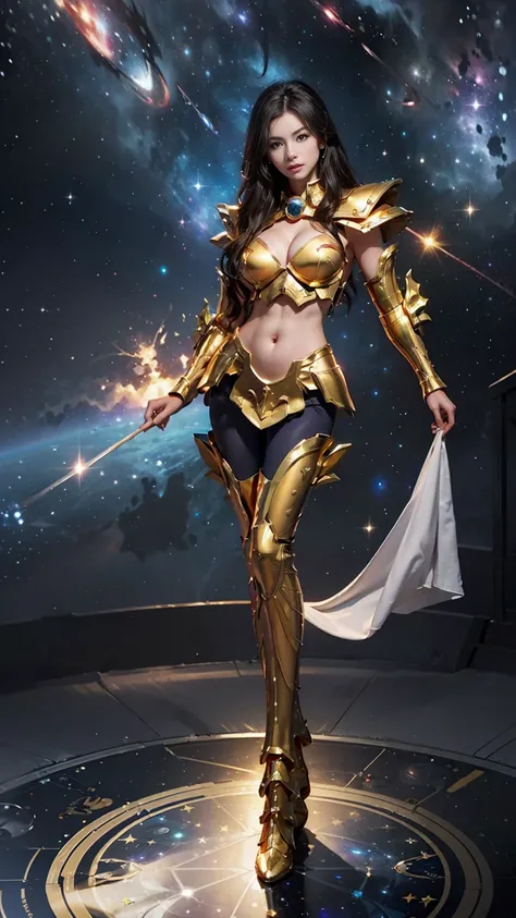 realistically， masterpiece， best quality， Realism，super realistic，high resolution, 1 girl， is a perfect face， Tight cover clear vinyl，blue eyes， pale skin， Pisces，( Golden armor with white parts)，Armor set with diamonds， ((Exposes the at the base of the th...