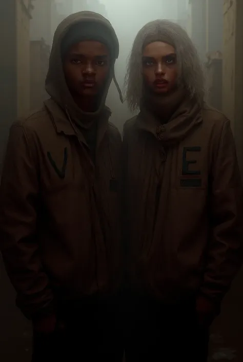 brown man with urban jacket with the initial V in the jacket and white woman in the urban jacket with the initial E in the buso