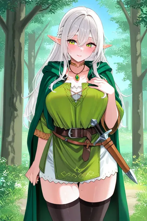 28-year-old medieval elf and the face of an adult woman, white hair, She wears a green amulet around her neck and has a strong connection with nature and with a dagger in her thigh