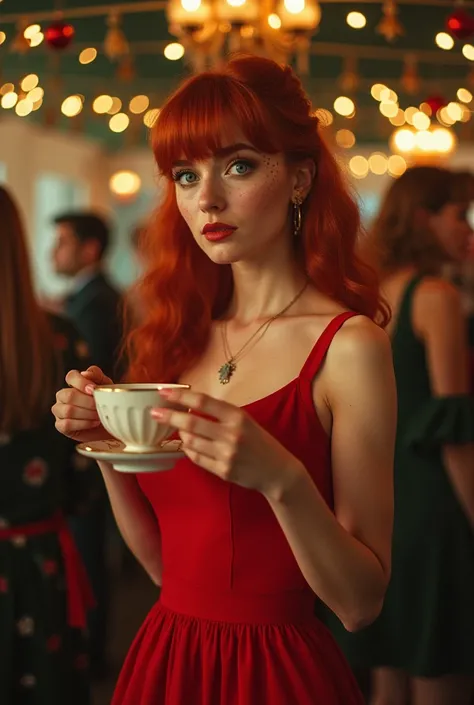 a woman,  red hair , long and with bangs.  with blue eyes . With freckles on the body . Wearing a red and long dress. holding a cup.  At a Christmas party . 60s camera quality.