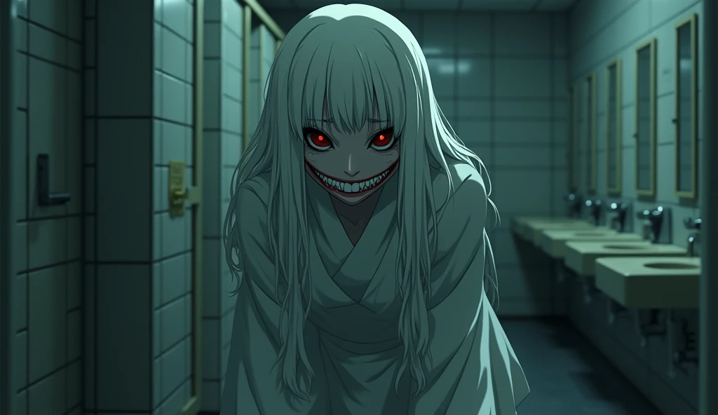  Japanese elementary school toilets、Red eyes、My mouth smiles at Creepy。scared、female、ghost、yokai、female、anime、Creepy、 Horror、 is staring