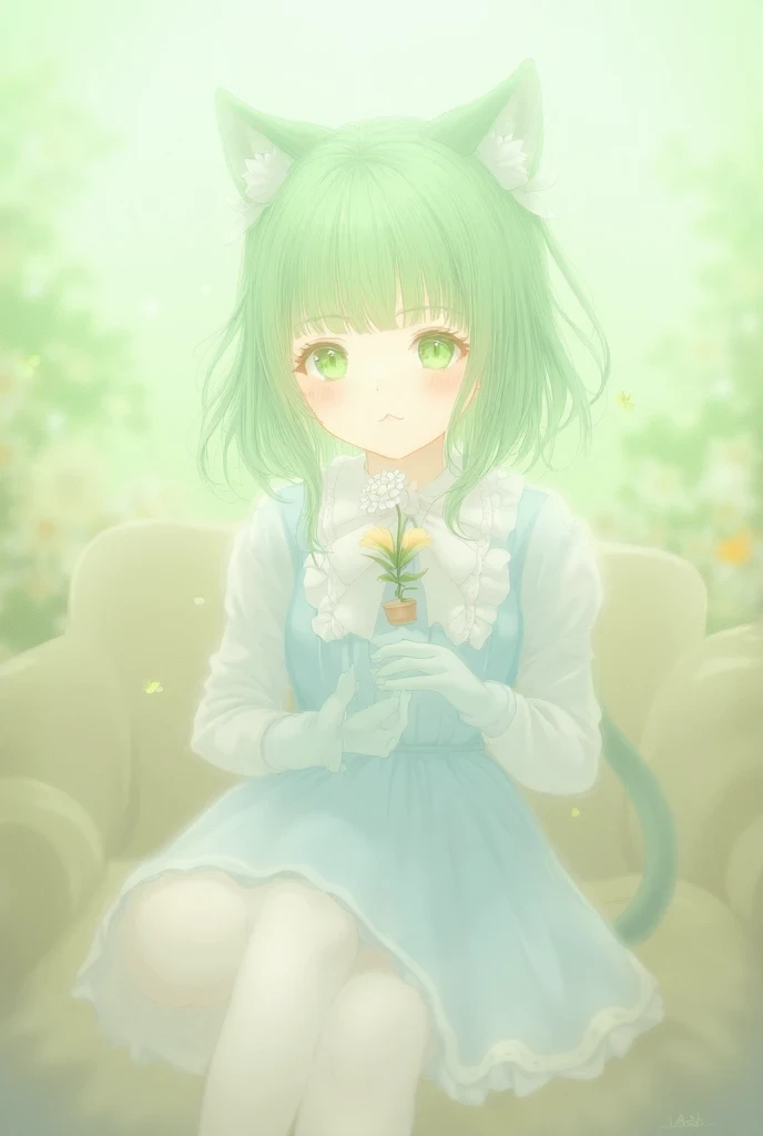 1 , cat ears, green long hair, green eyes, kawaii, cute, blue lolita clothes, Flowers in hair, little smile,BREAK,(Greenhouse:1.3), sitting on the sofa pose, holding a flower pose, flowers petals, flowers, Butterflies, Falling leaves, flowers pot, poster, ...