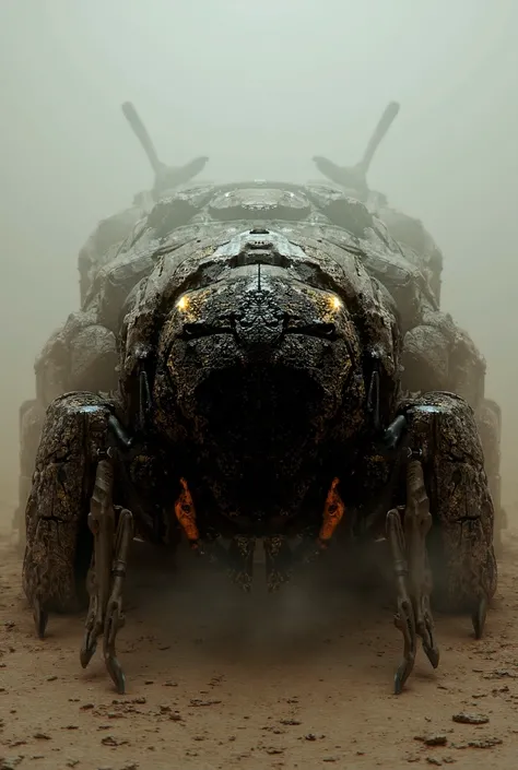 Ant-SUV Hybrid: A muscular SUV with the segmented body of a soldier ant. The vehicle has claw-like front bumpers and antennae-like exhaust pipes emitting a fiery glow. Realistic image 