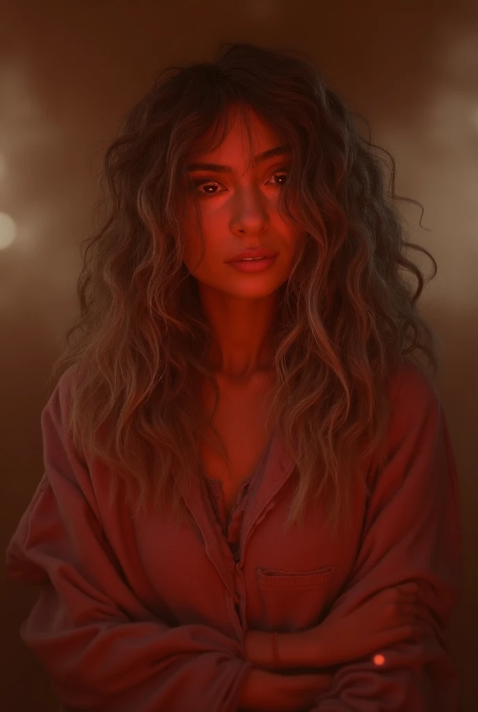 Extremely photorealistic a sexy beautiful youthful looking Kim Kardashian as a 50 years old wom an long curly comple tely hair in a big curls styles her graying hair transitio n from jet black fading to silver at the ends, her hair complements her mature y...