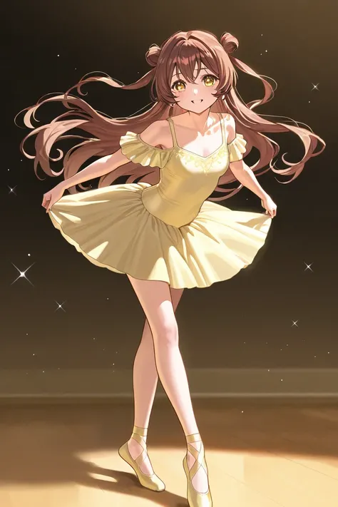 A woman that is a ballerina. She has really long wavy brown haired with shinny golden eyes holding pastel yellow ballet slippers. There is magic flowing and stars surrounding her. She is brave and smiling.