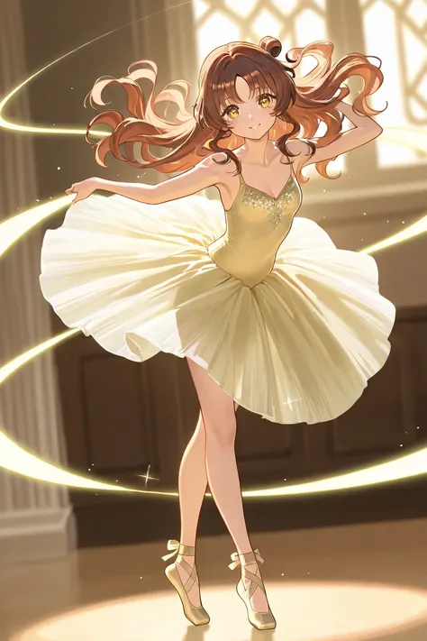 A woman that is a ballerina. She has really long wavy brown haired with shinny golden eyes holding pastel yellow ballet slippers. There is magic flowing and stars surrounding her. She is brave and smiling.