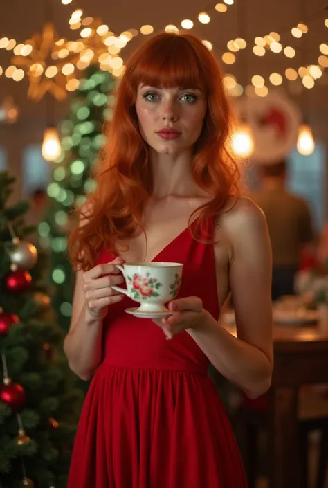 a woman,  red hair , long and with bangs.  with blue eyes . With freckles on the body . Wearing a red and long dress. holding a cup.  At a Christmas party . 60s camera quality.