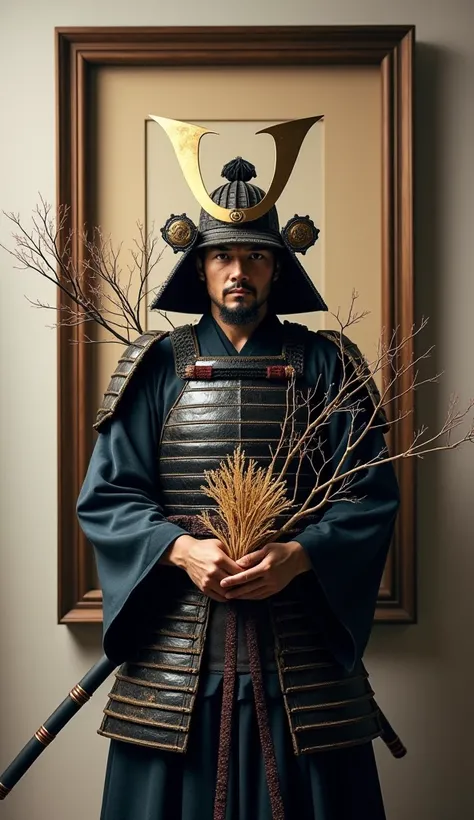 A warrior dressed in samurai attire, holding a branch in one hand and a Chinese coral in the other, is standing. This scene is inside a photo frame hanging on a wall.

