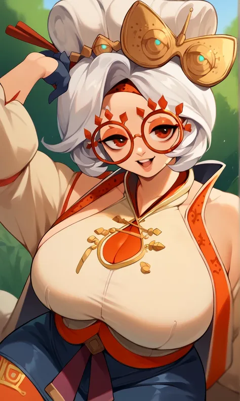 score_9, score_8_up, score_7_up, score_6_up, score_5_up, score_4_up, (source_anime), purah,
1girl,  huge breasts, narrow waist, thick thighs,  hair ornament, red headband, red glasses, sleeveless shirt, white coat, black skirt, red leggings, gloves, high h...