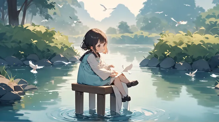 A young girl sitting on a small wooden stool by a tranquil river, painting the landscape on a canvas propped up in front of her. The soft sounds of water and chirping birds fill the air.

