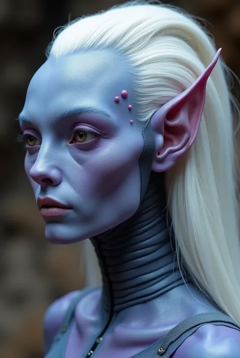 Closed up photography,andorian one of the alien in star trek race, humanoid with pale purple skin had fleshy protruding structures above their eyes instead of eyebrows, earless, white long perfect hair, with muscle antenanae in the top of the head, mechani...